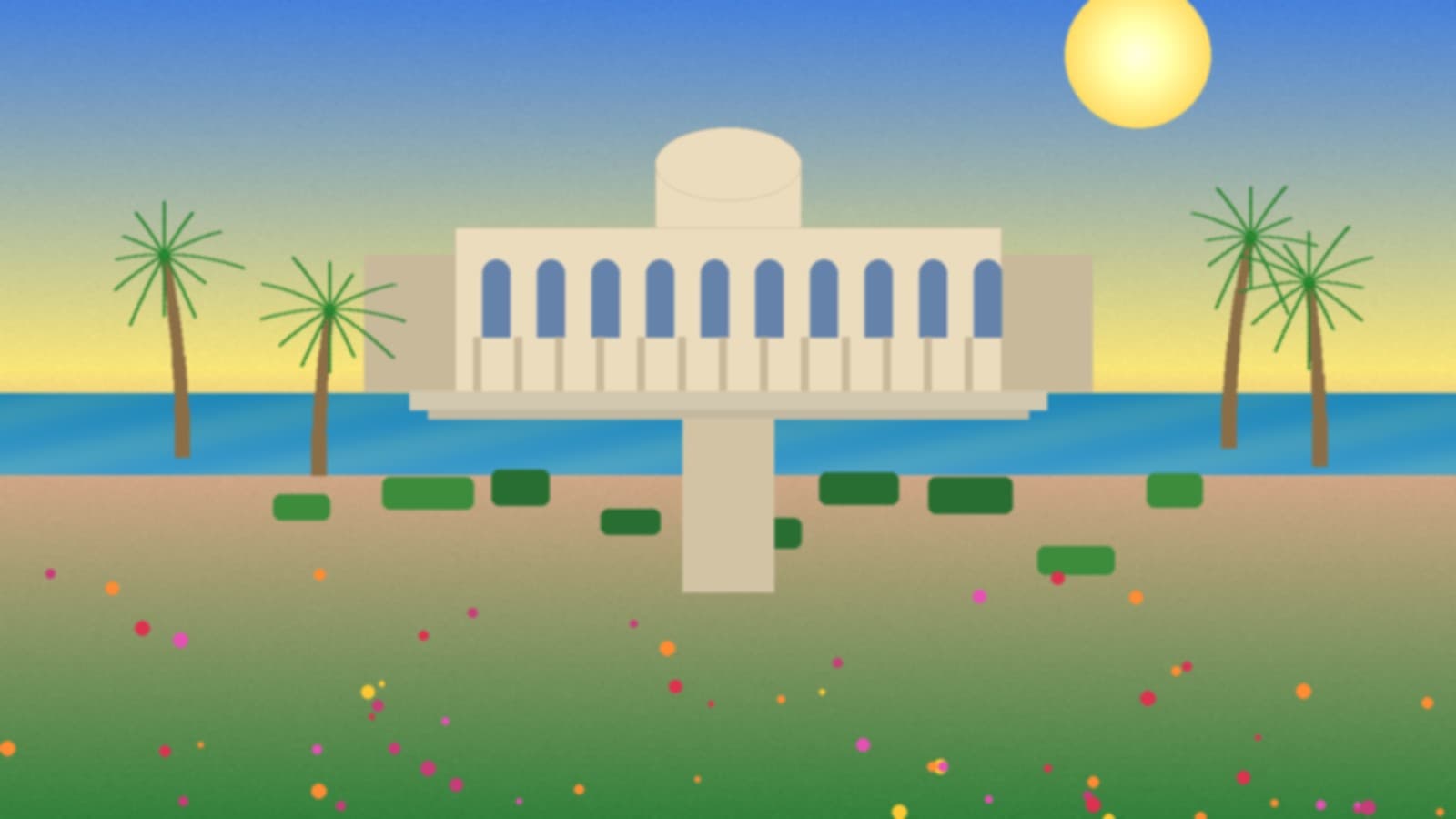 The ornate stone facade of Vizcaya Museum overlooking Biscayne Bay with tropical gardens in the foreground under bright Miami sunlight