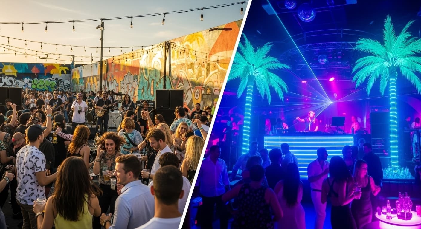 Crowds enjoying live music in Wynwood vs neon clubs on South Beach