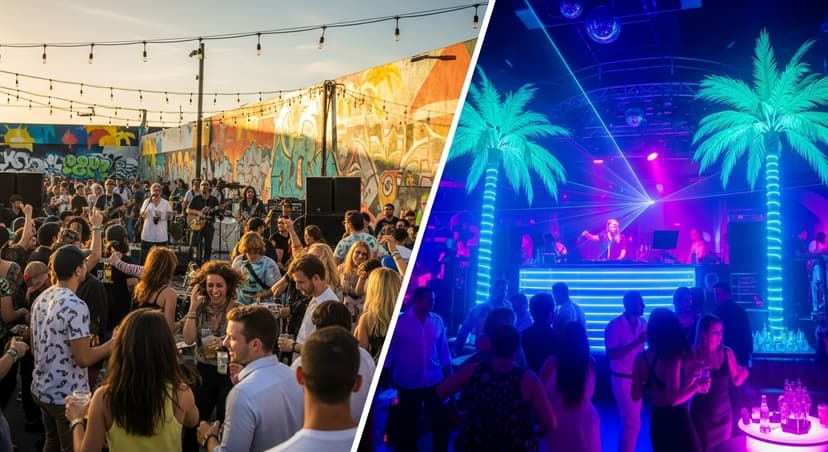 Crowds enjoying live music in Wynwood vs neon clubs on South Beach