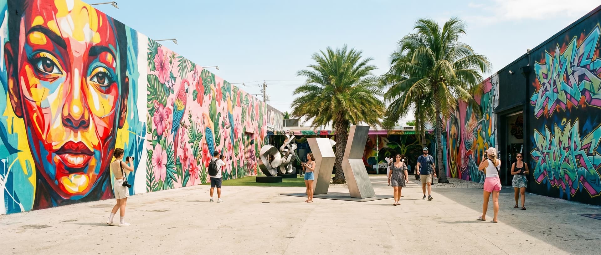 Vibrant wide-angle view of Wynwood Walls outdoor street art museum in Miami at late morning, massive colorful murals covering warehouse walls in bold reds, yellows, blues, and pinks, an open courtyard with modern sculptures, palm trees overhead, and visitors walking and taking photos in bright tropical sunlight