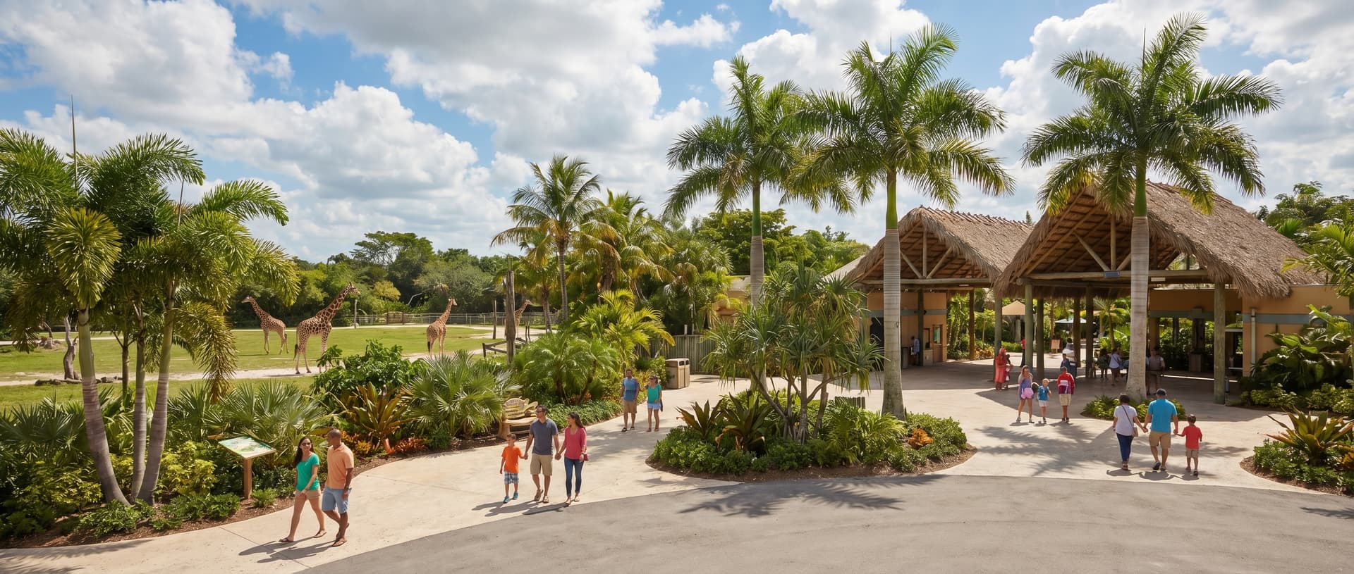 Wide view of Zoo Miami with lush tropical landscaping, families walking along paved pathways, giraffes visible in the background savanna habitat, palm trees and subtropical vegetation under a bright sunny sky