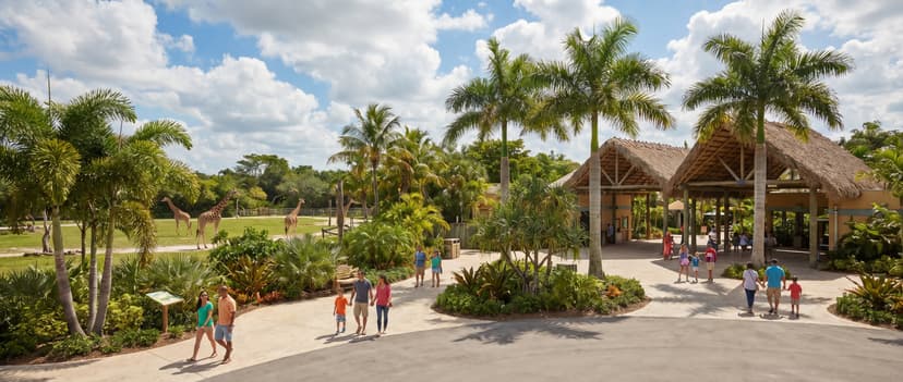 Wide view of Zoo Miami with lush tropical landscaping, families walking along paved pathways, giraffes visible in the background savanna habitat, palm trees and subtropical vegetation under a bright sunny sky