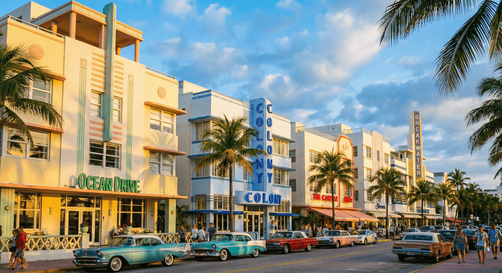 Colorful pastel Art Deco buildings lining Ocean Drive in South Beach Miami with palm trees and blue sky