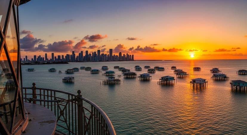 Cape Florida Lighthouse Tours — Days, Hours & What to Expect - NextBreakout team with Google Studio AI View from Cape Florida Lighthouse balcony looking toward Stiltsville and Miami skyline at sunset