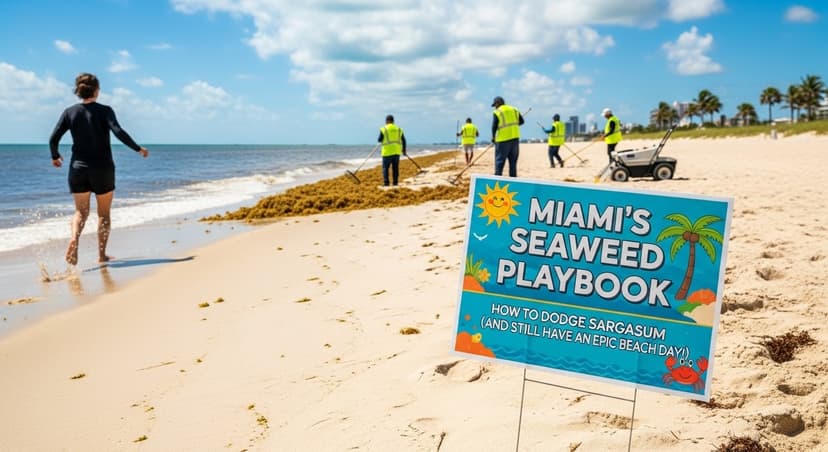 Miami’s Seaweed Playbook — How to Dodge Sargassum (And Still Have an Epic Beach Day) - NextBreakout team with Google AI Studio Seaweed (sargassum) on Miami beach shoreline at sunrise