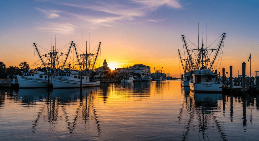 Amelia Island Isn't a Beach Town. It's a 300-Year-Old Port That Happens to Have a Beach. - AI-generated Shrimp boats moored at the historic Fernandina Beach working harbor on Amelia Island at golden-hour sunset.