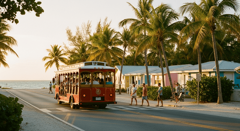 Anna Maria Island Runs a Free Trolley End to End — and the Whole Island Is Built to Be Done Without a Car - AI-generated A red open-air trolley rolling down Gulf Drive on Anna Maria Island past low pastel beach cottages and palm trees in golden afternoon light.