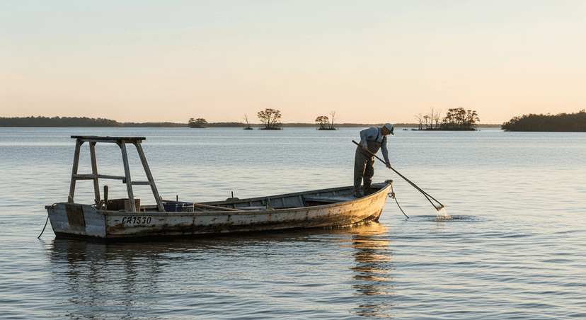 Apalachicola Bay Reopened to Oysters on January 1, 2026 — What Five Years Without a Harvest Did to Florida's Oyster Capital, and What's Actually Coming Out of the Water Now - AI-generated A weathered wooden oyster skiff anchored over Apalachicola Bay at dawn, a fisherman in waders working long-handled wooden tongs into the gray-green brackish water with a pale pink horizon and distant mangrove silhouettes behind.