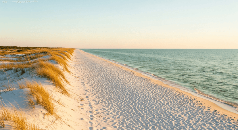 St. George Island: The Barrier Island That Guards Apalachicola Bay — and Keeps Getting Named America's Best Beach - AI-generated Wide empty white-sand beach and low dunes at St. George Island State Park at golden hour, calm Gulf water, no buildings on the horizon.