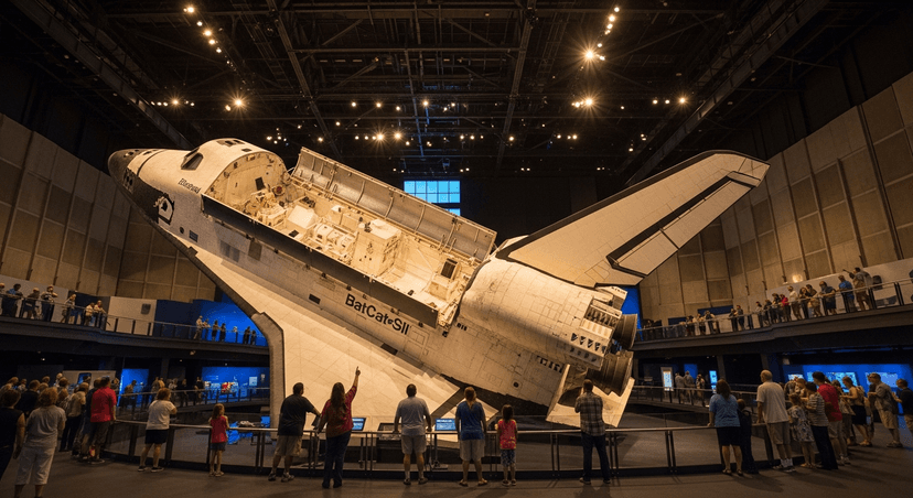 I Spent a Full Day at Kennedy Space Center: What's Worth Your Time and What I'd Skip - AI-generated Space Shuttle Atlantis displayed at an angle with payload bay doors open inside the exhibit hall at Kennedy Space Center.