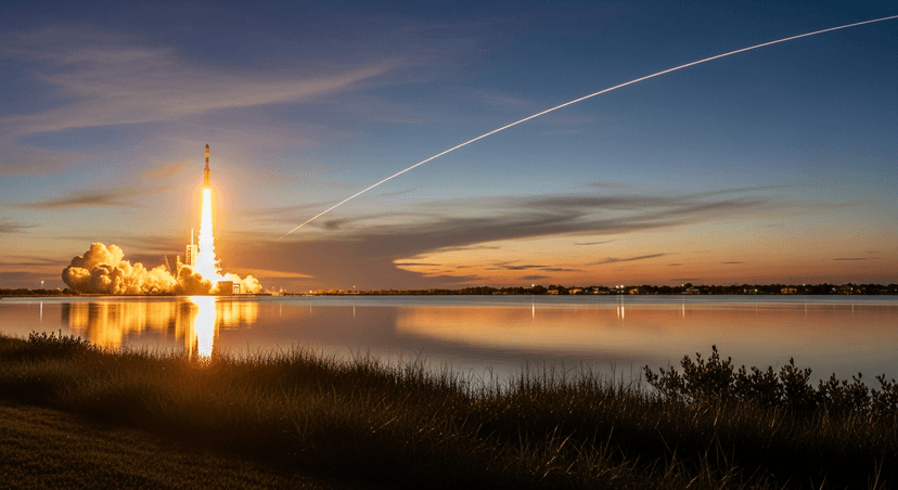 Watching a Rocket Launch on Florida's Space Coast: Why You See the Fire a Full Minute Before You Hear It - AI-generated A Falcon 9 rocket rising on a column of orange flame over the Indian River Lagoon at dusk, seen from a Titusville park.