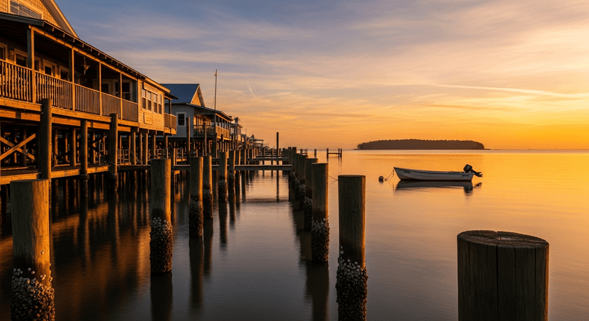 Cedar Key Was Florida's Gulf Gateway. Then It Vanished — and Came Back as a Clam Farm - AI-generated Golden-hour sunset over Cedar Key's stilt-built Dock Street restaurants and weathered wooden pilings on the calm Gulf of Mexico.