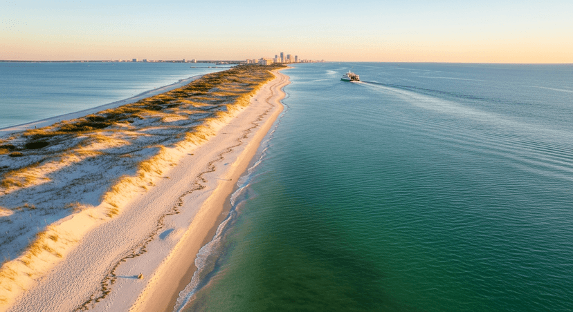 Clearwater Beach vs. Caladesi Island: The 20-Minute Ferry That Separates the Famous Beach From the Best One - AI-generated Aerial view of Caladesi Island's undeveloped white-sand beach and the Gulf of Mexico near Clearwater, Florida at golden hour