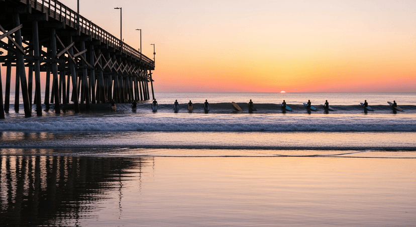 Cocoa Beach Is the Surf Capital of the East Coast (the Rockets Are the Side Show) - AI-generated Longboard surfers waiting in the lineup at dawn beside the Cocoa Beach Pier with a calm Atlantic and pink morning sky