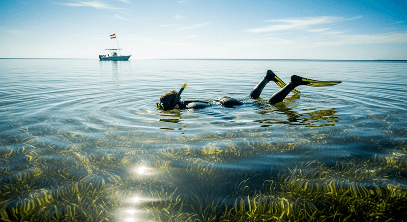 Scalloping in Crystal River: A Field Guide to Florida's Summer Treasure Hunt (2026 Season Is Open) - AI-generated A snorkeler floating face-down over sunlit seagrass flats in shallow turquoise Gulf water near Crystal River, Florida, on a bright summer morning.