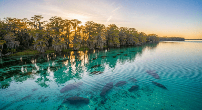 Swimming With Manatees in Crystal River — The Only Place in North America It's Legal, and the 72°F Spring That's the Reason - AI-generated Wide aerial view of crystal-clear blue spring water in Kings Bay near Crystal River, Florida, with cypress trees lining the shore at sunrise