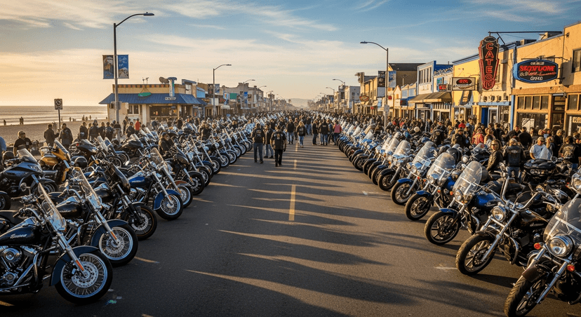 Daytona Bike Week: How a Town of 60,000 Absorbs Half a Million Bikers Every March - AI-generated Hundreds of chrome motorcycles lined up along Main Street in Daytona Beach at dusk during Bike Week