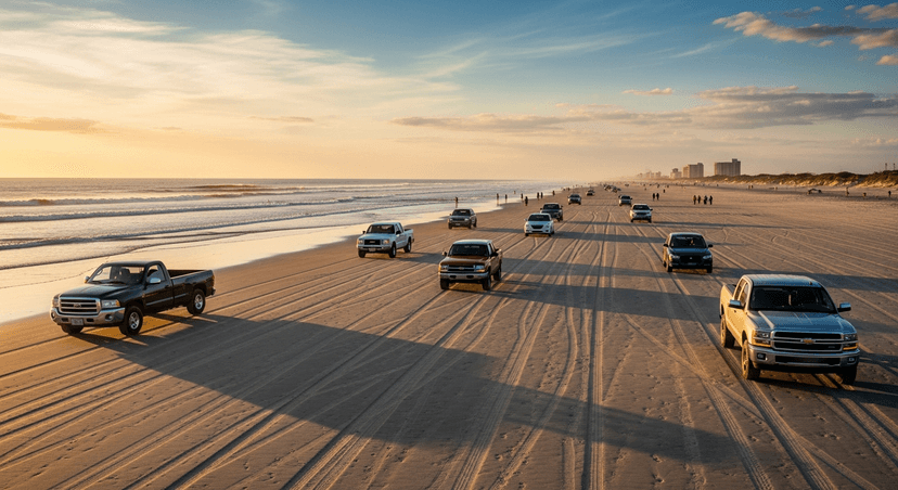 Driving on Daytona Beach — The Hard-Packed Sand That Built NASCAR, and How to Drive It Yourself - AI-generated Cars and pickup trucks driving on the hard-packed wet sand of Daytona Beach at low tide in golden-hour light.