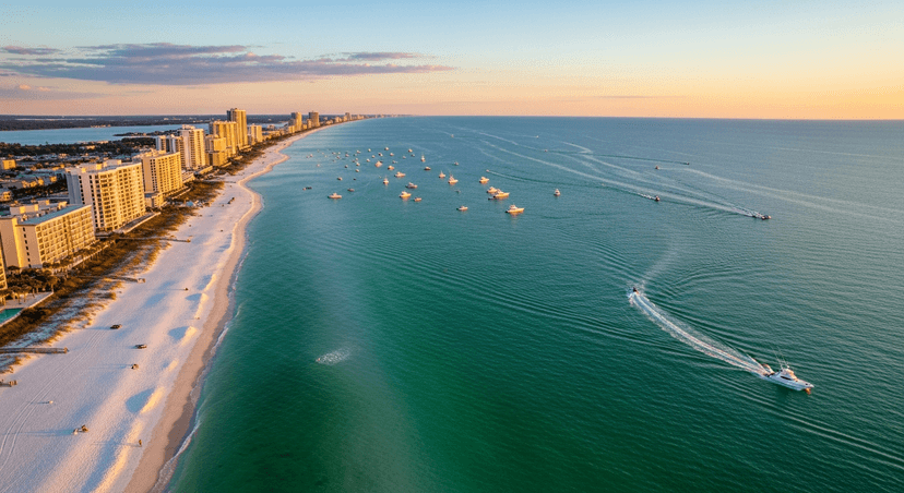 What a Destin Beach Trip Actually Costs in 2026 (and the 4 Line Items That Blow Up Your Budget) - AI-generated Emerald-green Gulf water meeting sugar-white sand on a wide Destin beach under a bright summer sky.