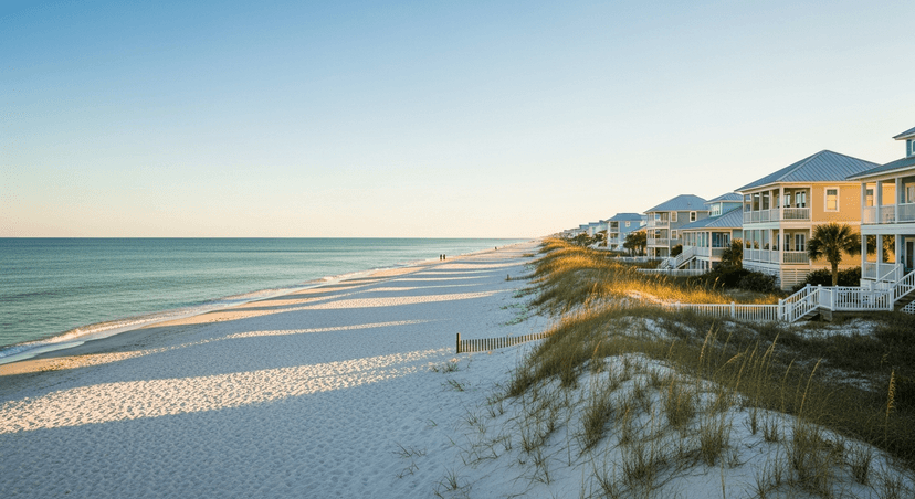 Destin or 30A? The 17 Miles That Decide Your Florida Panhandle Trip - AI-generated A golden-hour view of the Florida Panhandle coast — pastel beach cottages set behind sea oat-covered dunes, the emerald Gulf of Mexico beyond.