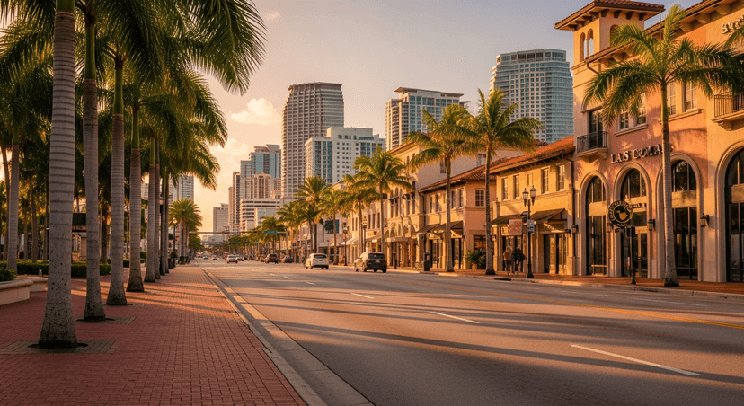Las Olas Boulevard: The Brick Mile Everyone Walks, and the Canal Streets Almost Nobody Does - AI-generated Golden-hour view down the red-brick sidewalk of Las Olas Boulevard in Fort Lauderdale, palm trees and low storefronts leading toward the skyline.