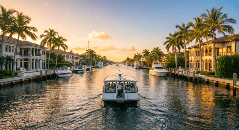 Fort Lauderdale's Water Taxi: How to Actually Ride the Venice of America Without Wasting Your Afternoon - AI-generated A Fort Lauderdale water taxi cruising a palm-lined Intracoastal canal past waterfront mansions and yachts at golden hour