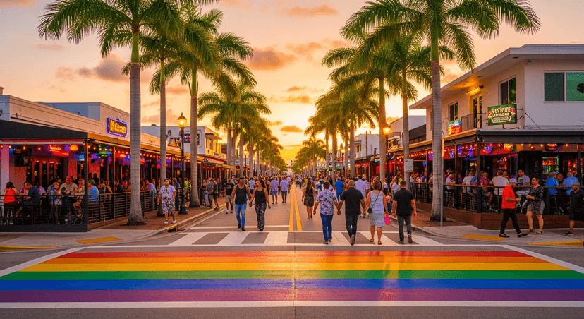 Wilton Manors: The Two-Square-Mile City Inside Fort Lauderdale That Became the Gayest in America - AI-generated Golden-hour street scene along Wilton Drive in Wilton Manors with rainbow crosswalks, palms, and lively open-air bar patios.