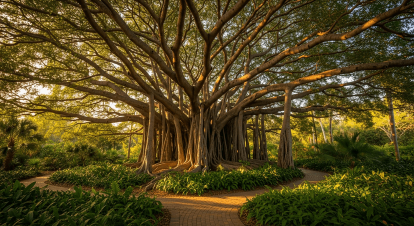 The Edison & Ford Winter Estates: A Rubber Experiment, a Butter-Tub Tree, and the Best 20 Acres in Fort Myers - AI-generated The sprawling banyan tree and its many aerial-root columns shading a brick path at the Edison & Ford Winter Estates in Fort Myers.