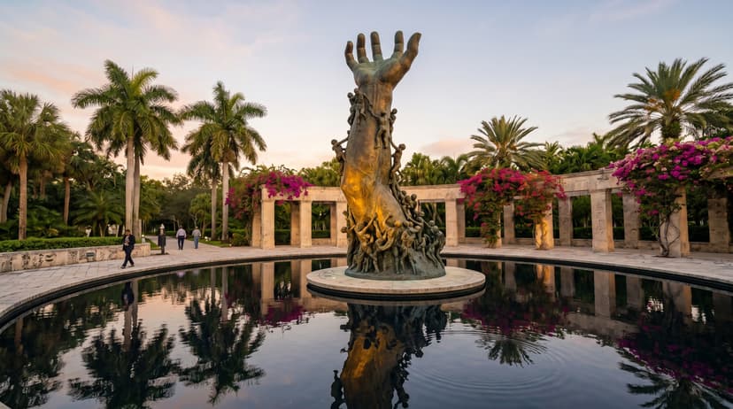 The Holocaust Memorial in Miami Beach — The Most Powerful Hour in South Beach, Hiding Three Blocks From Lincoln Road - AI-generated (Gemini 3 / Nano Banana Pro) The Holocaust Memorial in Miami Beach at dawn — Kenneth Treister's bronze sculpture of a giant outstretched arm rising from a reflecting pool, surrounded by Jerusalem stone columns and bougainvillea
