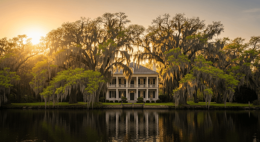 Kingsley Plantation: The Woman Sold at 13 Who Ended Up Running It - AI-generated The white two-story Kingsley Plantation house on the bank of the Fort George River at golden hour, live oaks draped in Spanish moss framing the lawn.