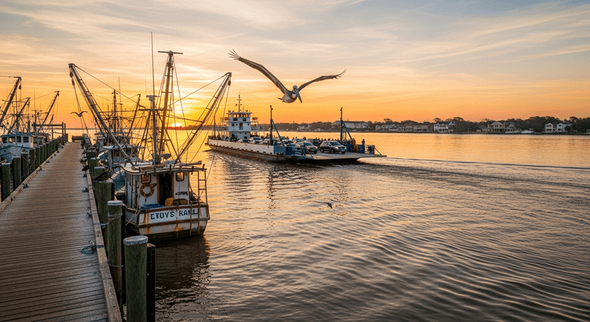The Mayport Ferry and the Last Shrimping Village: A Morning at the Mouth of the St. Johns - AI-generated The St. Johns River Ferry crossing toward Mayport Village at sunrise, shrimp boats tied along the working dock in the foreground.