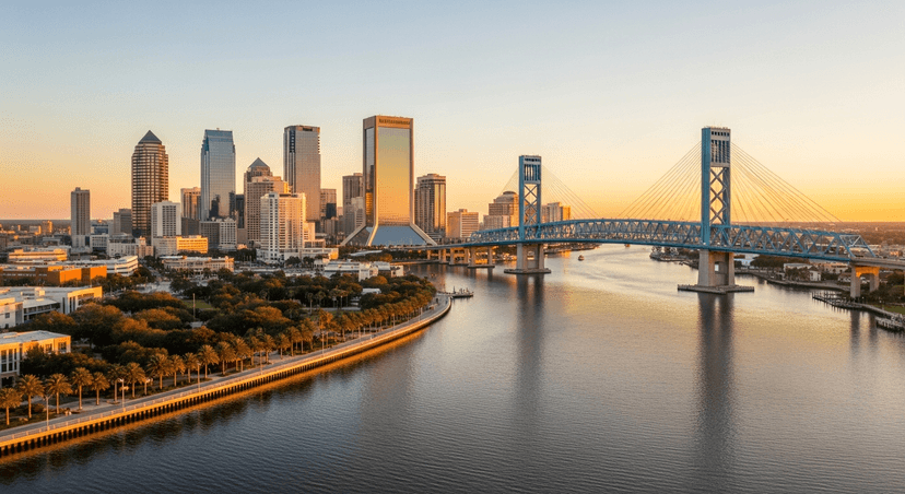 Jacksonville Is the Largest City in the Lower 48 — and the One Mistake That Wastes Your Whole Trip - AI-generated Aerial golden-hour view of the St. Johns River curving through downtown Jacksonville with the skyline and a tall blue bridge.