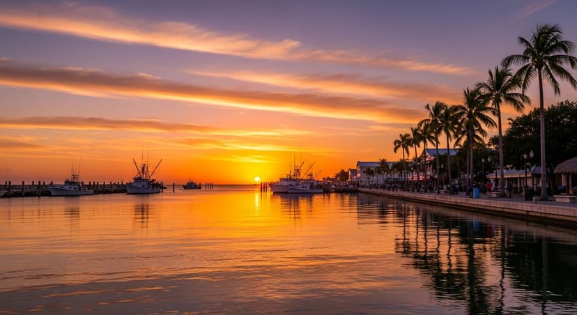 Key West From Miami — Why the One-Day Bus Tour Misses the Island (and the Real 48-Hour Plan Locals Would Send You On) - AI-generated Golden-hour sunset over Mallory Square waterfront in Key West, with the harbor, palm trees, and Old Town conch architecture in warm amber light.
