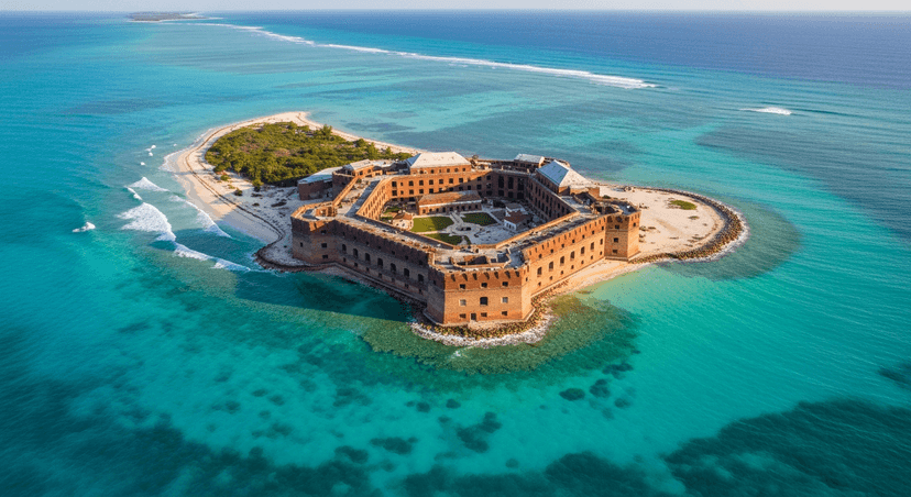 Is Dry Tortugas Worth It? The $250 Day Trip From Key West, Honestly - AI-generated Aerial view of the six-sided brick Fort Jefferson on a small island ringed by turquoise Gulf water in the Dry Tortugas.