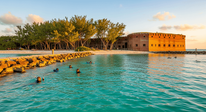 Fort Zachary Taylor: Key West's Best Beach Is Hidden Behind a Navy Gate (and It Sits on the Largest Civil War Cannon Stash in America) - AI-generated Clear turquoise water and a rocky jetty at Fort Zachary Taylor beach in Key West, with the historic brick fort and Australian pines behind it at golden hour.