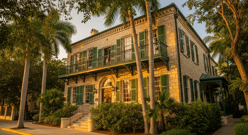 The Hemingway House: Why Pauline's Uncle Bought It, How the Cats Got Six Toes, and What's at the Bottom of the Pool - AI-generated The two-story limestone façade of the Ernest Hemingway Home at 907 Whitehead Street in Key West, with green shutters and a wrought-iron second-floor balcony, framed by palm trees in warm morning light.