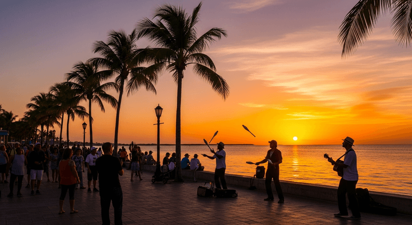 Mallory Square at Sunset: The Nightly Party Key West Turned Into a Nonprofit - AI-generated Crowd gathered along the Mallory Square seawall in Key West watching a glowing orange sun drop into the Gulf of Mexico at dusk.