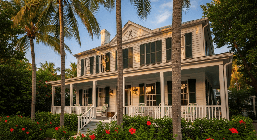 The Truman Little White House: The Modest Duplex That Ran the Country for 175 Days - AI-generated The white clapboard Truman Little White House with green shutters and a wraparound porch, framed by palms in the golden Key West afternoon light.
