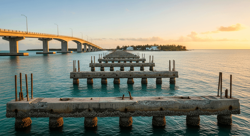 Walking the Old Seven Mile Bridge to Pigeon Key: A 2.2-Mile Trail Across the Atlantic, and the 5-Acre Island That Built the Florida Keys - AI-generated The Old Seven Mile Bridge stretching out across turquoise Atlantic water at sunrise, the modern parallel bridge visible alongside, Pigeon Key's small green silhouette in the middle distance