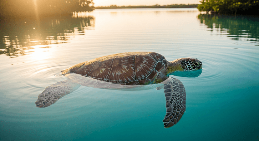 The Turtle Hospital: How a Marathon Motel Pool Became the World's First Sea Turtle Hospital - AI-generated A green sea turtle glides through the sunlit turquoise water of an outdoor saltwater rehabilitation lagoon in the Florida Keys at golden hour.