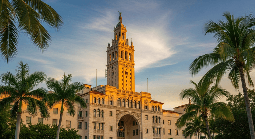 The Biltmore Hotel: Miami's Free National Landmark Everyone Drives Past - AI-generated The Biltmore Hotel's Giralda-style bell tower glowing at golden hour above palm trees in Coral Gables, Miami.