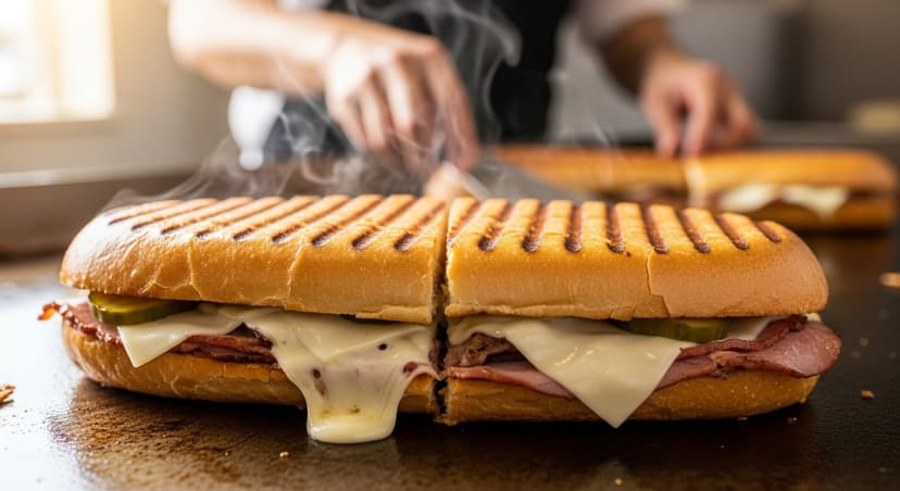 The Miami Cuban Sandwich — Why the Bread Matters More Than the Pork (and Where to Find the Real Thing) - AI-generated A freshly pressed Miami Cuban sandwich on the plancha in a Little Havana ventanita, melted Swiss cheese leaking at the diagonal cut.