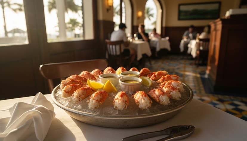 Stone Crab Season in Miami — Why the City Just Closed Its Best Plate (and When It Comes Back) - AI-generated (Gemini 2.5 Flash) A platter of fresh Florida stone crab claws on crushed ice with mustard sauce and lemon wedges on a white-clothed table inside a classic Miami Beach seafood restaurant