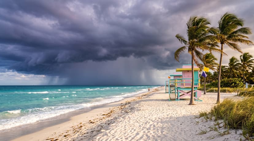 Miami in Summer — The Survival Guide Locals Actually Use (Not the One Travel Sites Sell You) - AI-generated (Gemini 3 / Nano Banana Pro) A South Beach lifeguard tower glows in warm late-afternoon Miami sun while dark thunderstorm clouds build over the Atlantic Ocean — the signature duality of Miami summer.