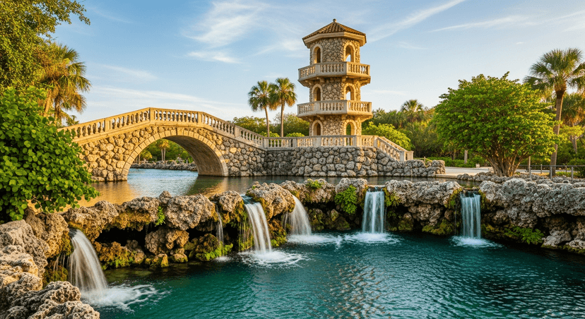 The Venetian Pool: Miami Drains This 1924 Coral-Rock Lagoon Every Night — and Refills It by Morning - AI-generated The historic Venetian Pool in Coral Gables at golden morning light, showing its coral-rock arched bridge, barrel-tile observation tower, and turquoise spring-fed water.