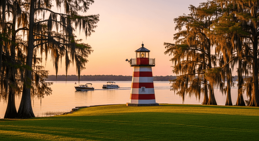 I Traded the Theme Parks for Mount Dora — Florida's Antique Town That Thinks It's in New England - AI-generated The red-and-white Mount Dora lighthouse at Grantham Point glowing at golden hour with Lake Dora and moss-draped cypress trees behind it.