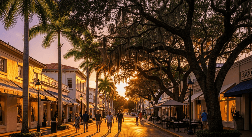 Old Naples Has Two Downtowns — Here's How Locals Walk Both in a Day - AI-generated A palm-lined Old Naples street at golden hour with elegant storefronts and outdoor cafe tables under oak trees.