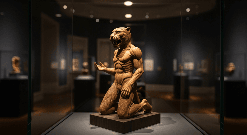 The Key Marco Cat: Florida's Greatest Artifact Was Found 30 Minutes From Naples — and It Just Left the State Again - AI-generated A small carved wooden part-human, part-panther figure under warm spotlighting in a dark museum gallery case.