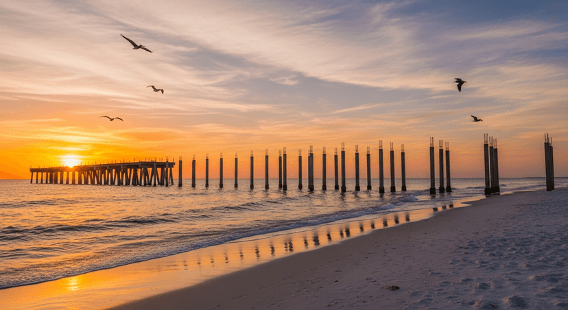 Is the Naples Pier Open? Not Yet — and the Story of Why Is 138 Years Long - AI-generated Naples municipal beach at golden-hour sunset with the Gulf of Mexico and a pier mid-reconstruction, bare concrete pilings rising from calm water.