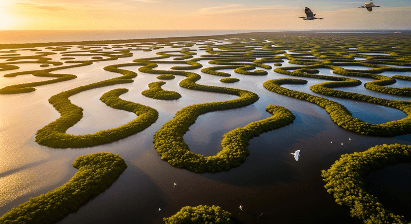 Ten Thousand Islands — Florida's Last Wild Coast, 30 Minutes South of Naples (and the Mangrove Maze the Calusa Built 1,500 Years Ago) - AI-generated Aerial view of mangrove islands and tannin-stained channels stretching to the horizon at golden hour in the Ten Thousand Islands south of Naples, Florida.